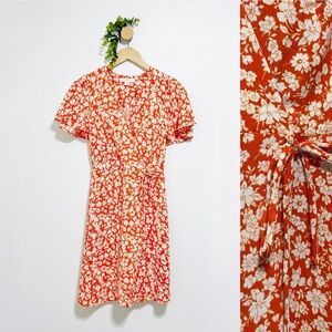 Monteau Orange Floral Romantic Summer Wrap Mini Fit And Flare Dress